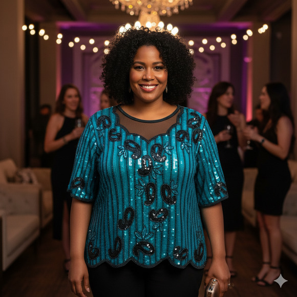 Royal Feelings Vintage Silk Sequin Beaded Top XL Teal Black Evening Party Blouse - Picture 1 of 15